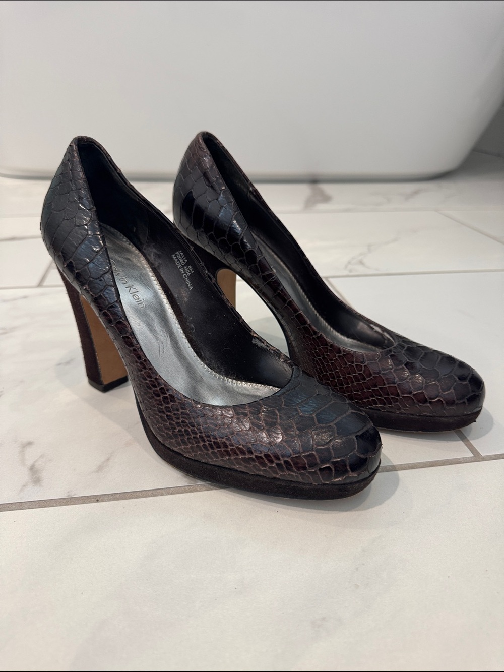 Calvin Klein Dark Brown Snake-Embossed Platform Pumps